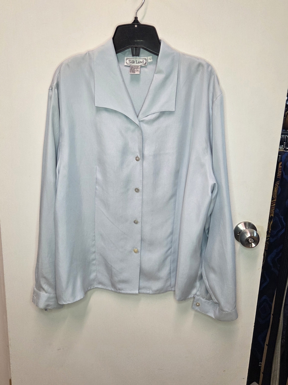 Vintage 90s SilkLand Light Blue Revere Collar Blouse – 100% Silk